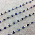 Silver Plated Copper Rosary Chain with 4mm Matte Round Shaped Blue/White Sodalite Beads - Sold by the Foot! - Natural Beaded Chain