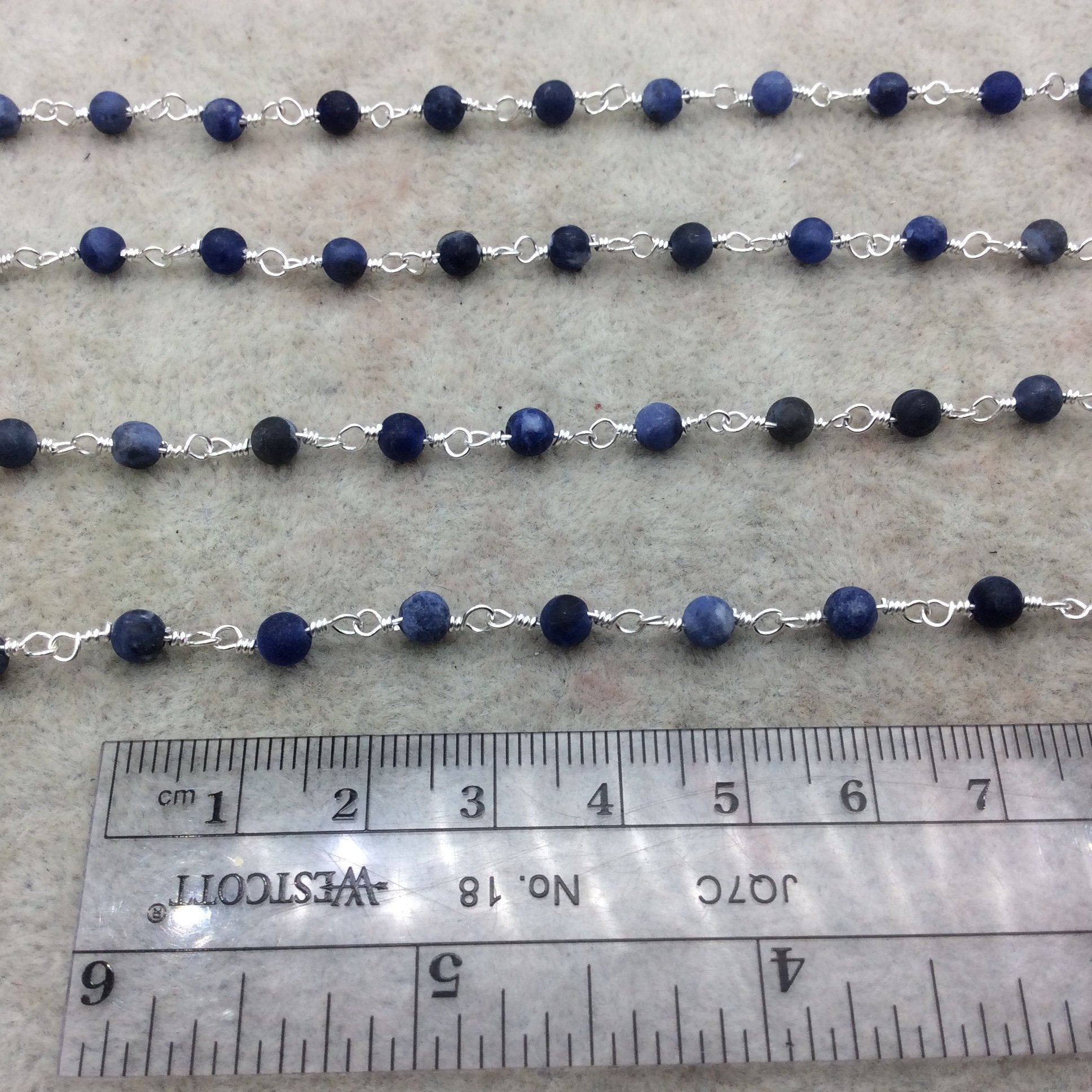 Silver Plated Copper Rosary Chain with 4mm Matte Round Shaped Blue/White Sodalite Beads - Sold by the Foot! - Natural Beaded Chain