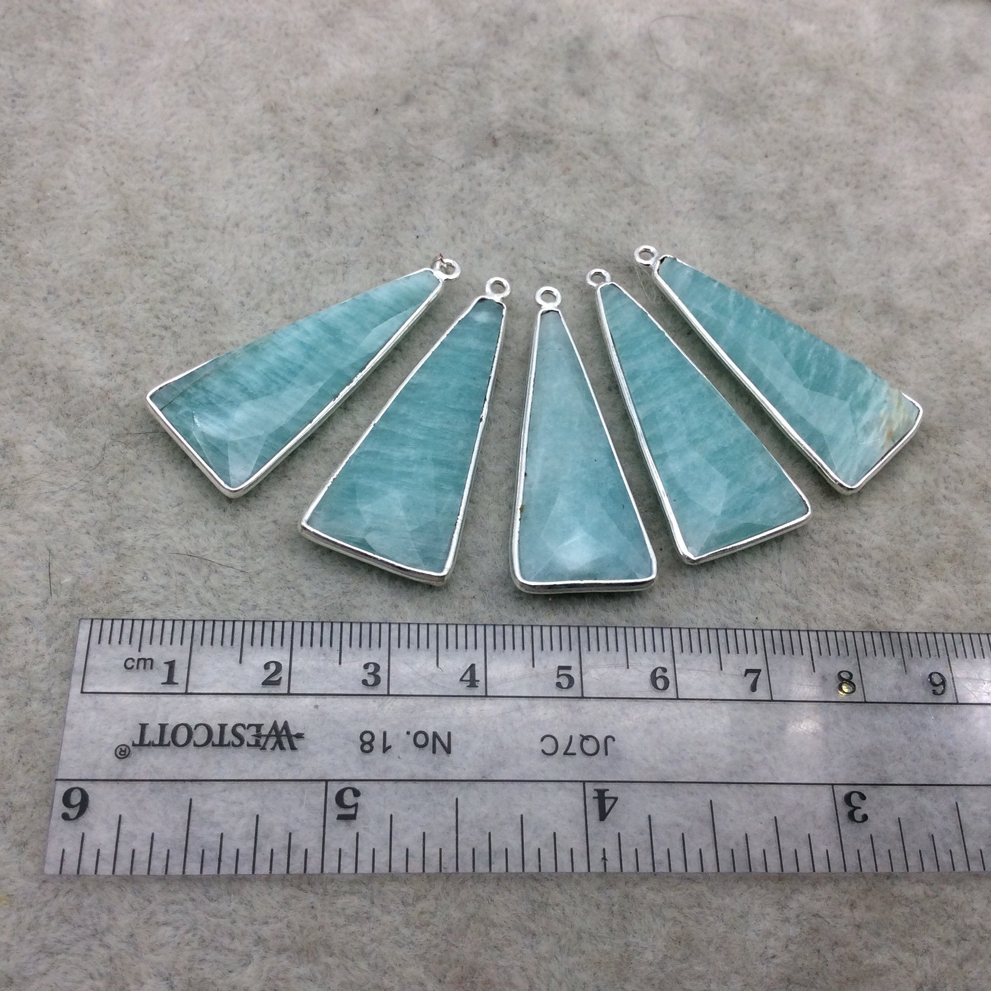 Silver Finish Faceted Green Amazonite Triangle Shape Bezel - Plated Copper Pendant Component ~ 15mm x 35mm - Sold Individually