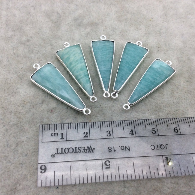 Silver Finish Faceted Green Amazonite Triangle Shape Bezel - Plated Copper Connector Component ~ 12mm x 30mm - Sold Individually