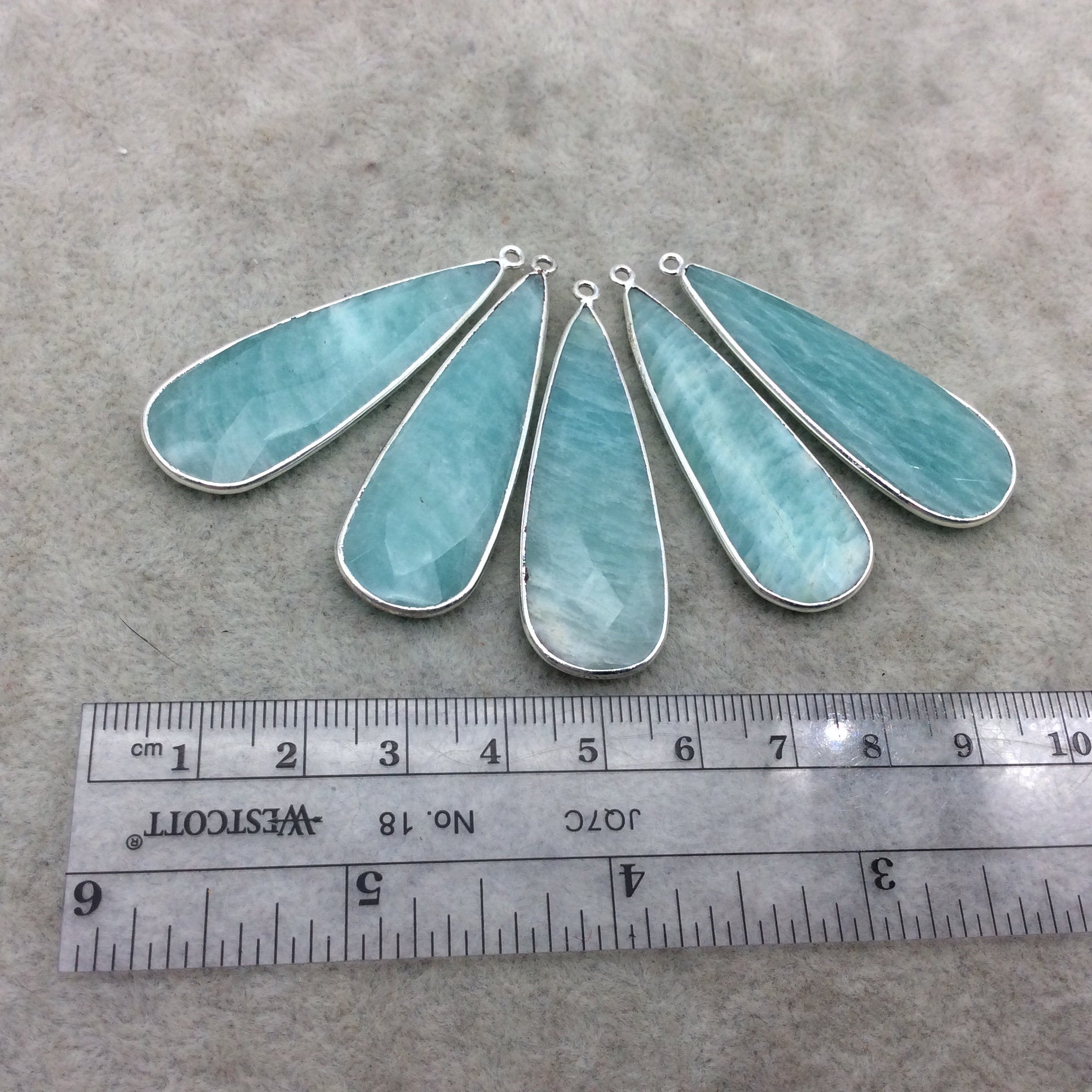 Silver Finish Faceted Green Amazonite Long Teardrop Shape Bezel - Plated Copper Pendant Component ~ 15mm x 45mm - Sold Individually