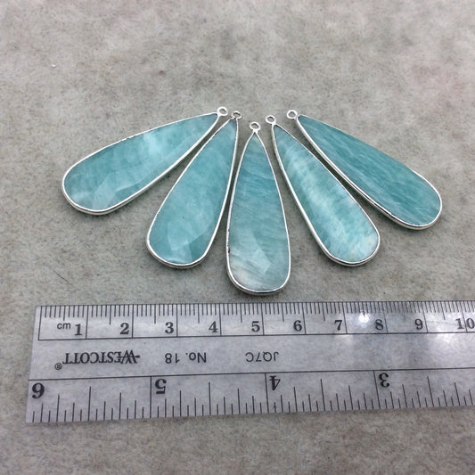 Silver Finish Faceted Green Amazonite Long Teardrop Shape Bezel - Plated Copper Pendant Component ~ 15mm x 45mm - Sold Individually