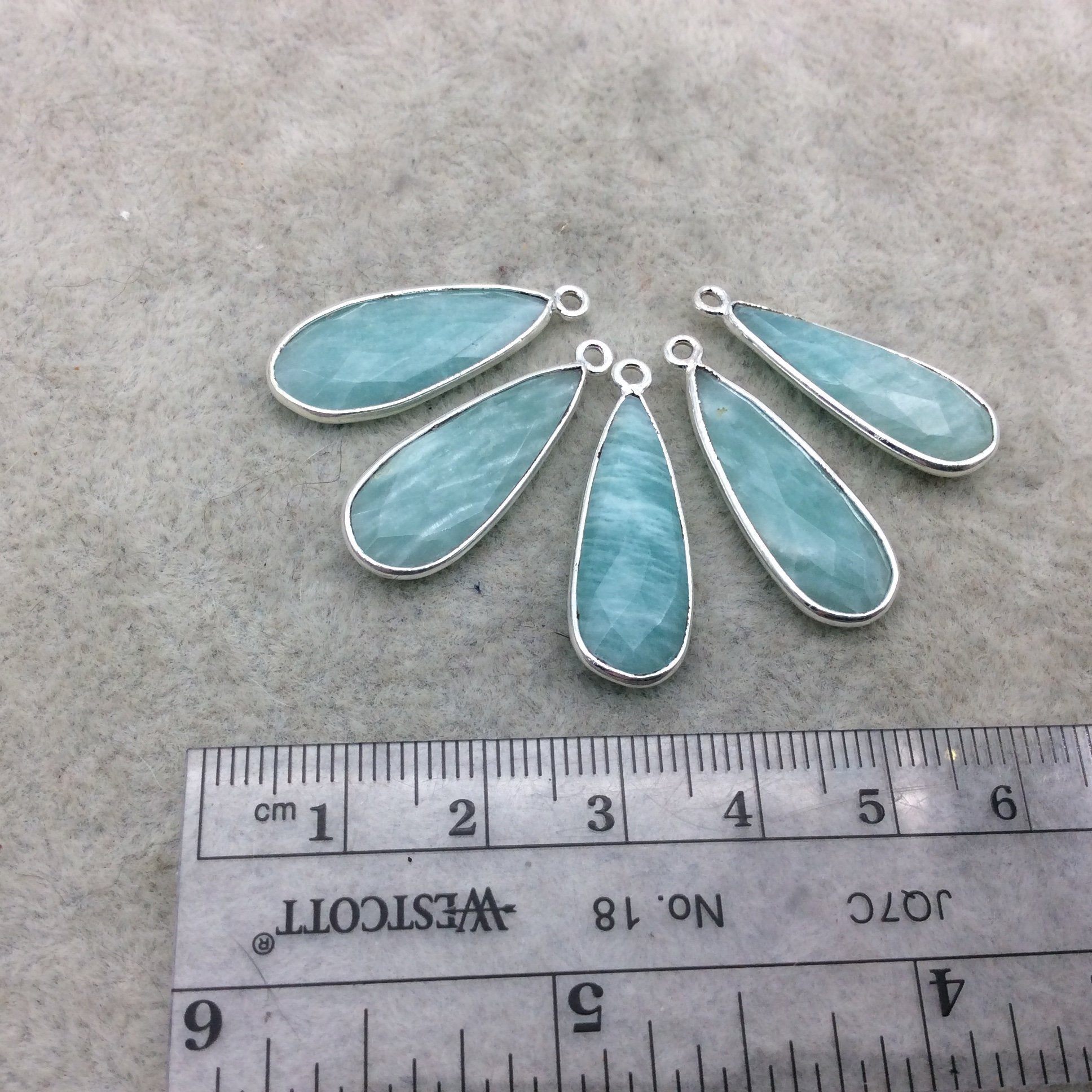 Silver Finish Faceted Green Amazonite Long Teardrop Shape Bezel - Plated Copper Pendant Component ~ 10mm x 25mm - Sold Individually