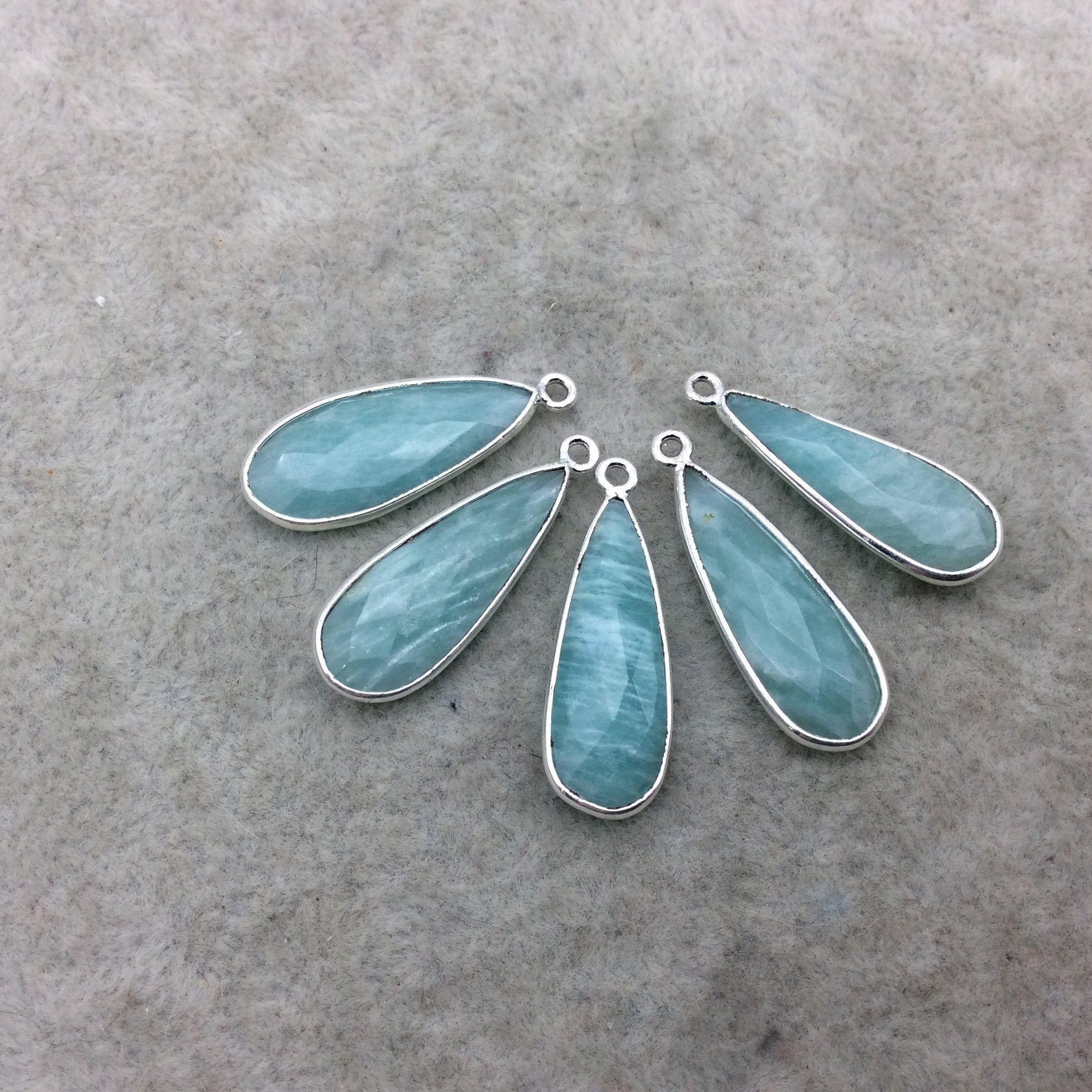 Silver Finish Faceted Green Amazonite Long Teardrop Shape Bezel - Plated Copper Pendant Component ~ 10mm x 25mm - Sold Individually