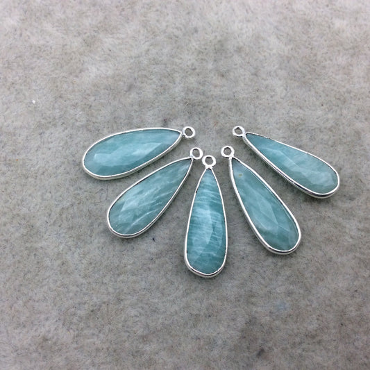Silver Finish Faceted Green Amazonite Long Teardrop Shape Bezel - Plated Copper Pendant Component ~ 10mm x 25mm - Sold Individually