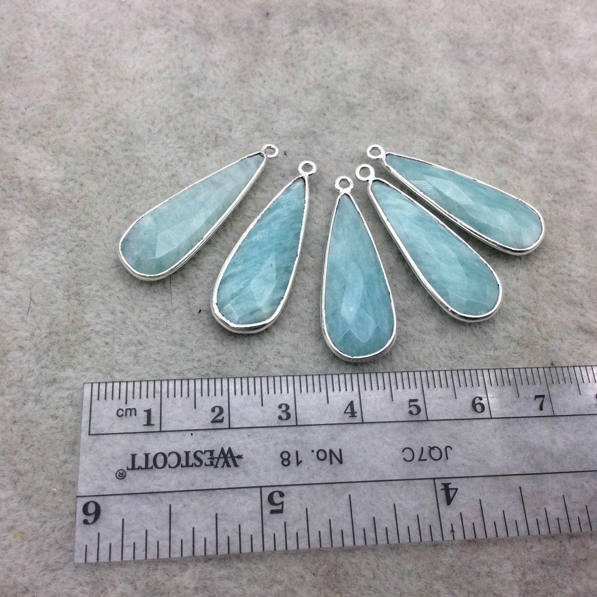 Silver Finish Faceted Green Amazonite Long Teardrop Shape Bezel - Plated Copper Pendant Component ~ 12mm x 30mm - Sold Individually