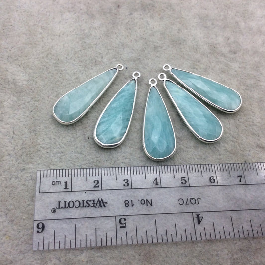 Silver Finish Faceted Green Amazonite Long Teardrop Shape Bezel - Plated Copper Pendant Component ~ 12mm x 30mm - Sold Individually