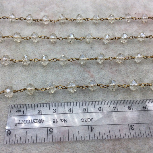Gold Plated Copper Wrapped Rosary Chain with 6mm x 8mm Faceted Transparent Clear Glass Crystal Rondelle Beads- Sold By the Foot (CC68-01-GD)