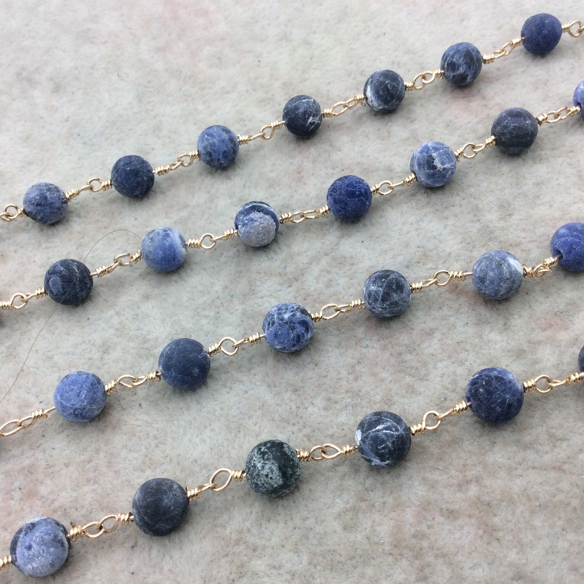 Gold Plated Copper Rosary Chain with 8mm Matte Round Shaped Blue/White Sodalite Beads - Sold by the Foot! - Natural Beaded Chain