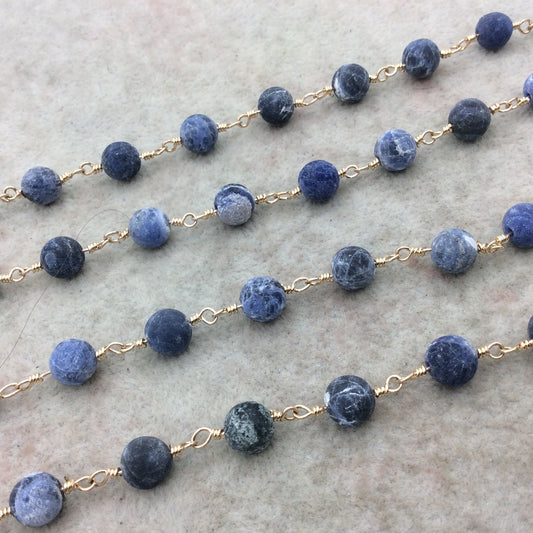 Gold Plated Copper Rosary Chain with 8mm Matte Round Shaped Blue/White Sodalite Beads - Sold by the Foot! - Natural Beaded Chain