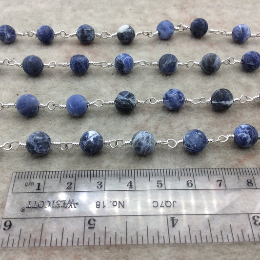 Silver Plated Copper Rosary Chain with 8mm Matte Round Shaped Blue/White Sodalite Beads - Sold by the Foot! - Natural Beaded Chain