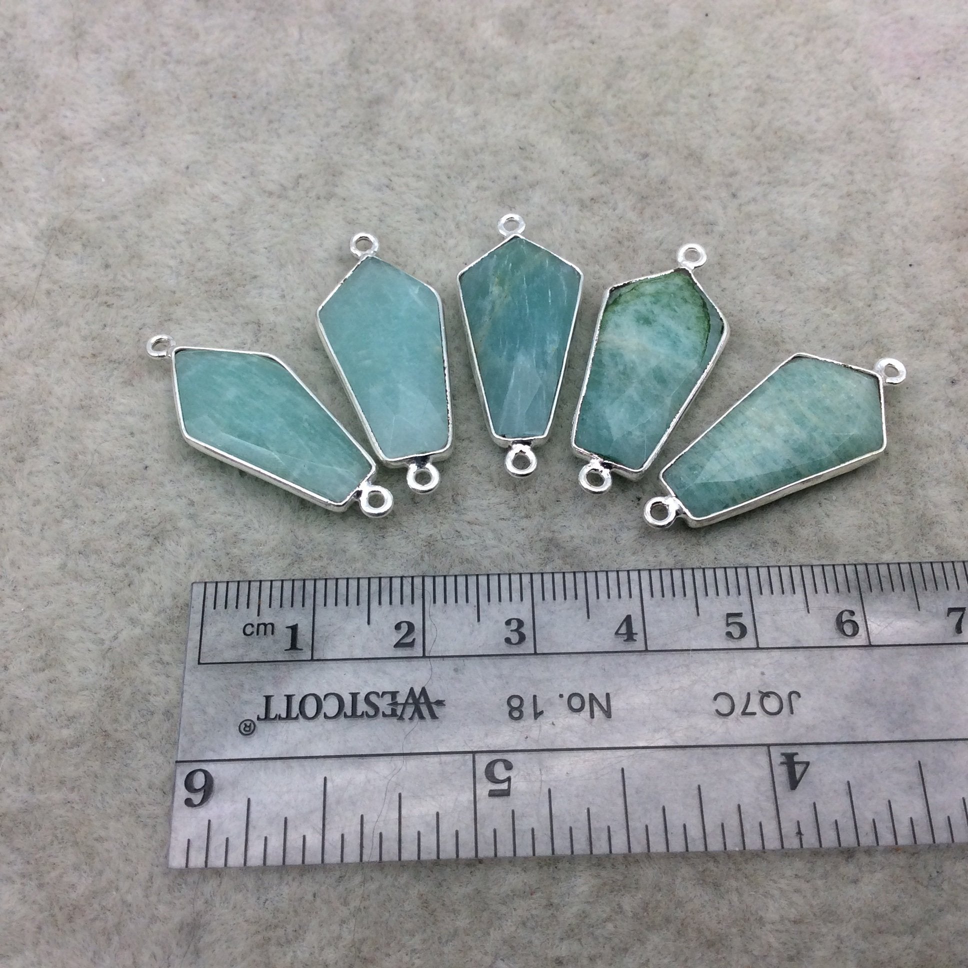 Silver Finish Faceted Green Amazonite Dagger Shape Bezel - Plated Copper Connector Component ~ 12mm x 25mm - Sold Individually