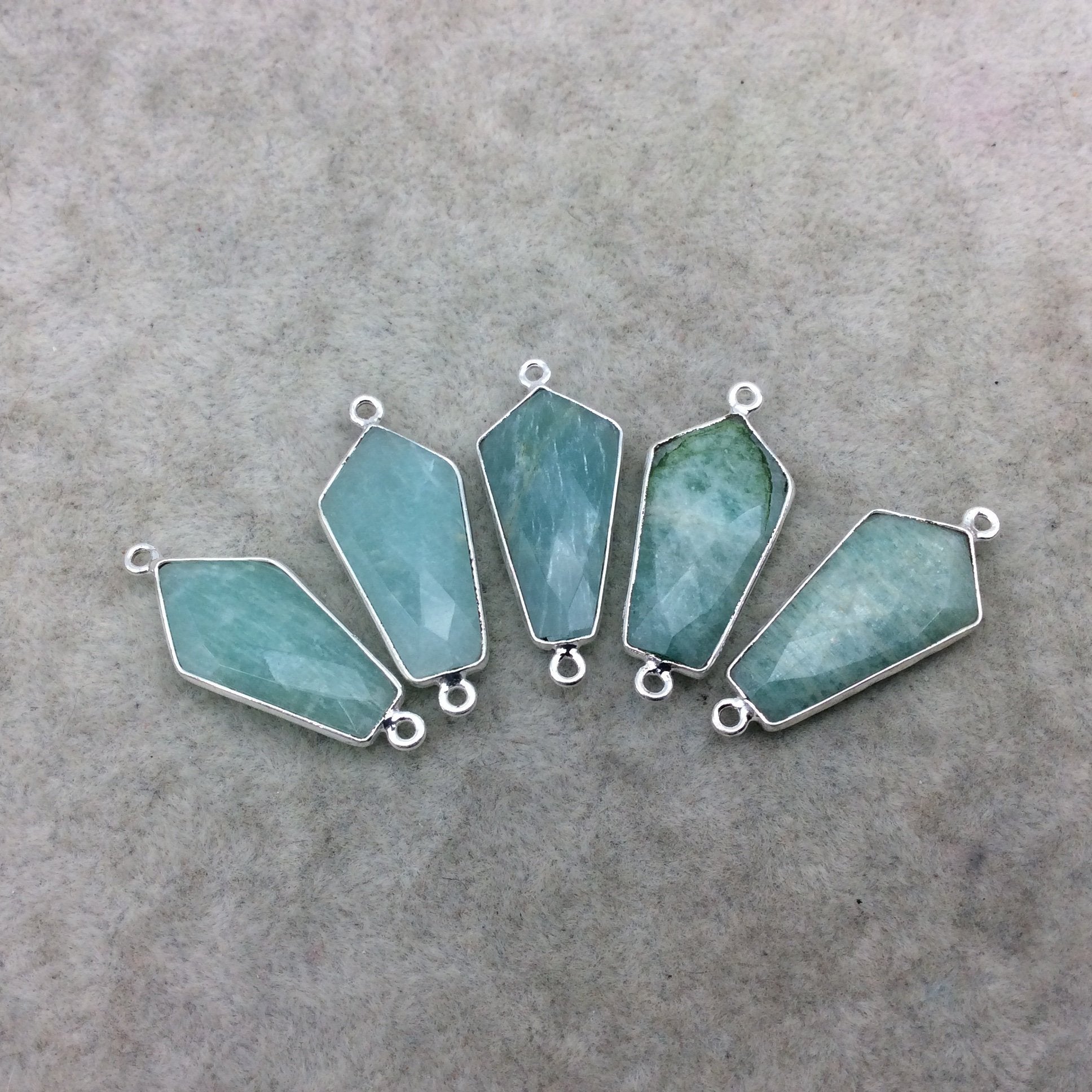 Silver Finish Faceted Green Amazonite Dagger Shape Bezel - Plated Copper Connector Component ~ 12mm x 25mm - Sold Individually