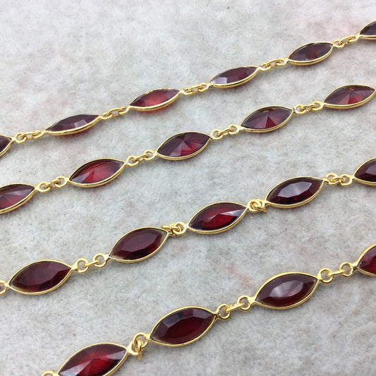 Gold Plated Copper Bezel Link Rosary Chain with 8mm x 15mm Faceted Deep Red Hydro Quartz Marquise Bezels - Sold by 1' Sections