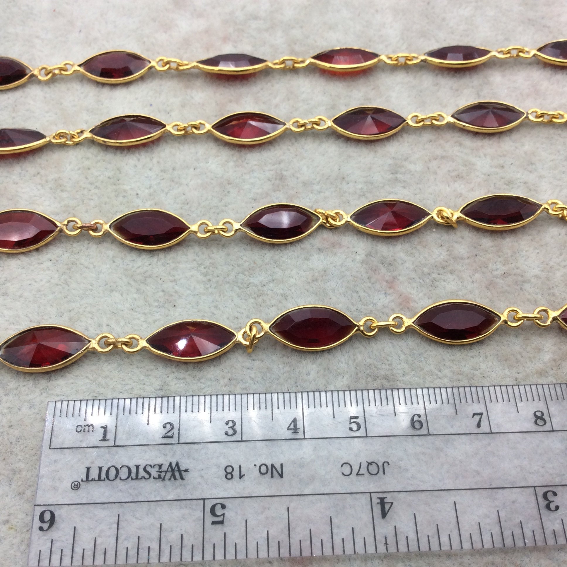 Gold Plated Copper Bezel Link Rosary Chain with 8mm x 15mm Faceted Deep Red Hydro Quartz Marquise Bezels - Sold by 1' Sections