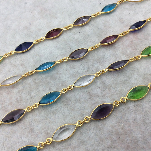 Gold Plated Copper Bezel Link Rosary Chain with 8mm x 15mm Faceted Rainbow Hydro Quartz Marquise Bezels - Sold by 1' Sections