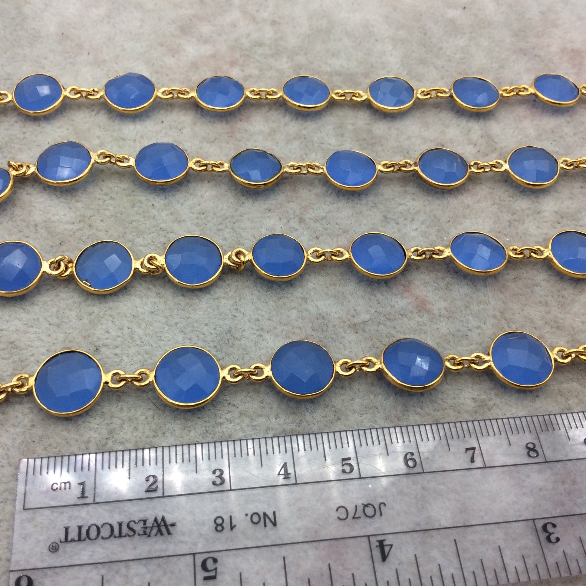 Gold Plated Copper Link Bezel Rosary Chain with 10mm Faceted Round Pale Denim Blue Hydro Chalcedony Marquise Bezels - Sold by the Ft.