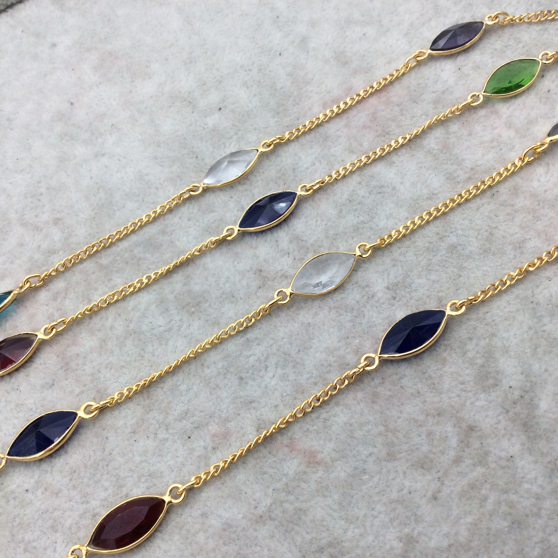 Gold Plated Copper Spaced Bezel Link Rosary Chain with 8mm x 15mm Faceted Rainbow Hydro Quartz Marquise Bezels - Sold by 1' Sections