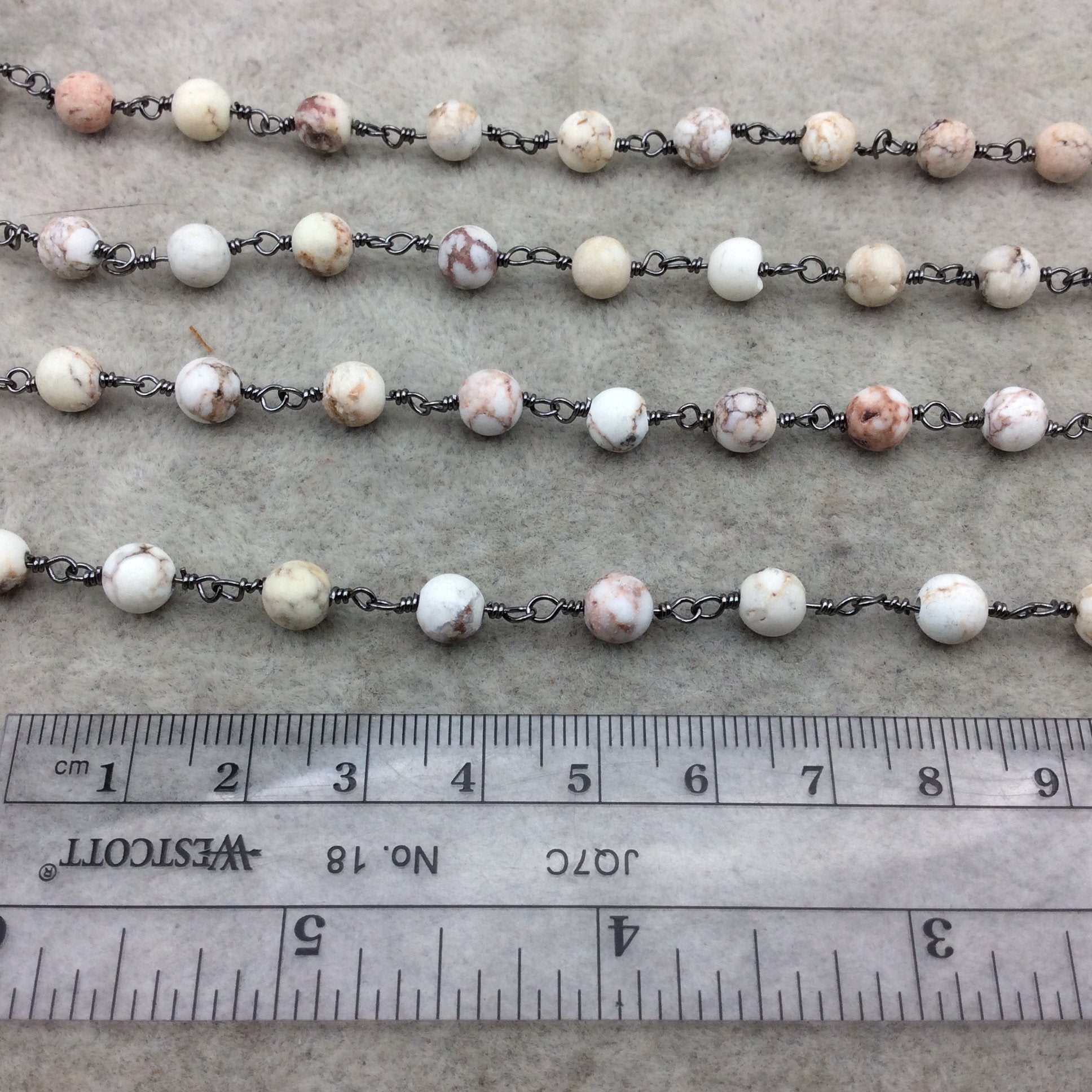 Gunmetal Plated Copper Rosary Chain with 6mm Smooth Round Shaped White Buffalo Turquoise Beads - Sold by the Foot! - Natural Beaded Chain