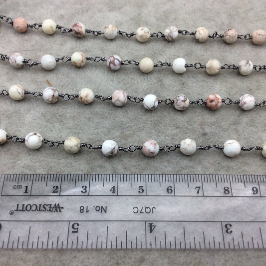 Gunmetal Plated Copper Rosary Chain with 6mm Smooth Round Shaped White Buffalo Turquoise Beads - Sold by the Foot! - Natural Beaded Chain