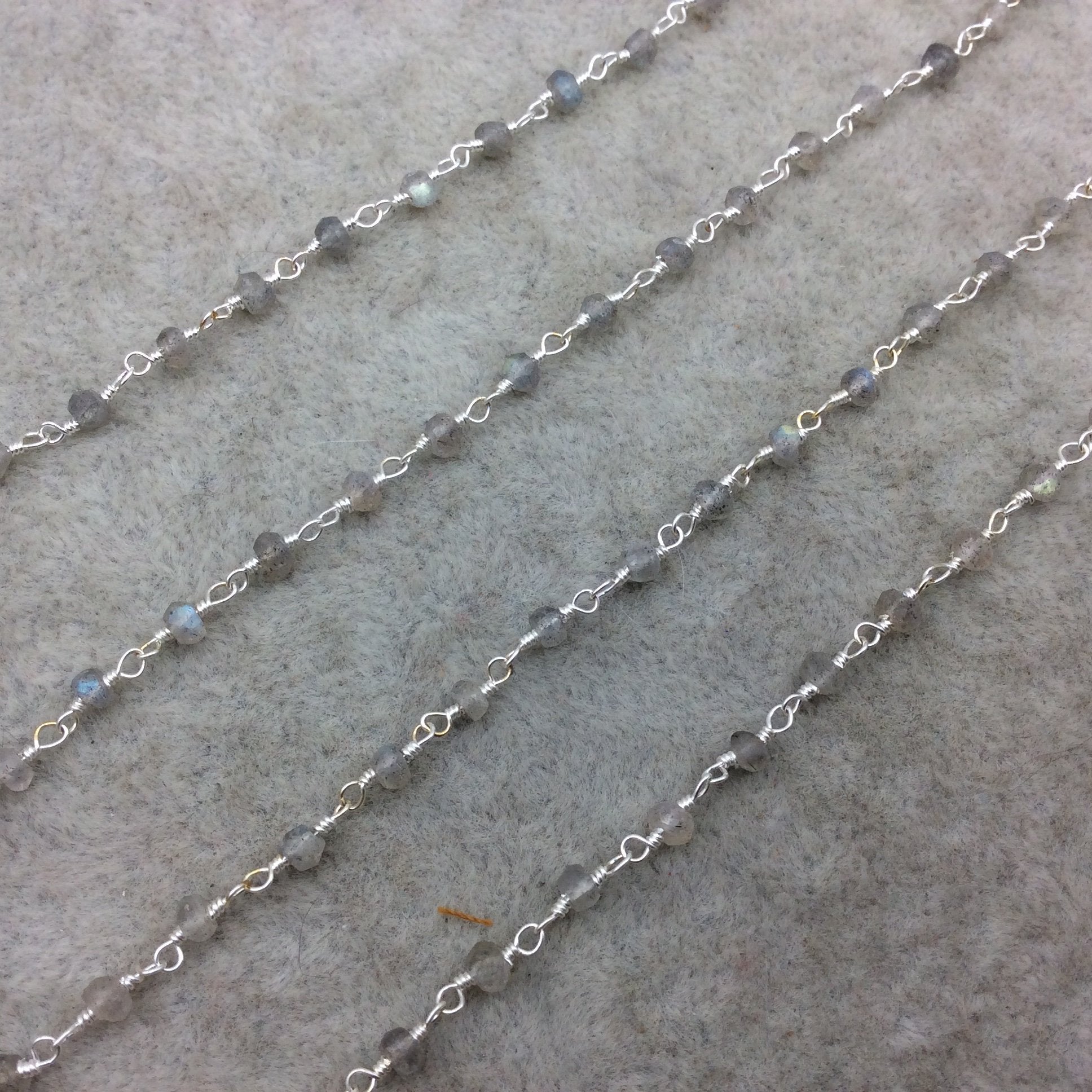 Silver Plated Copper Wrapped Rosary Chain W 4mm Faceted Natural Iridescent Gray Labradorite Rondelle Shaped Beads (CH095-SV)
