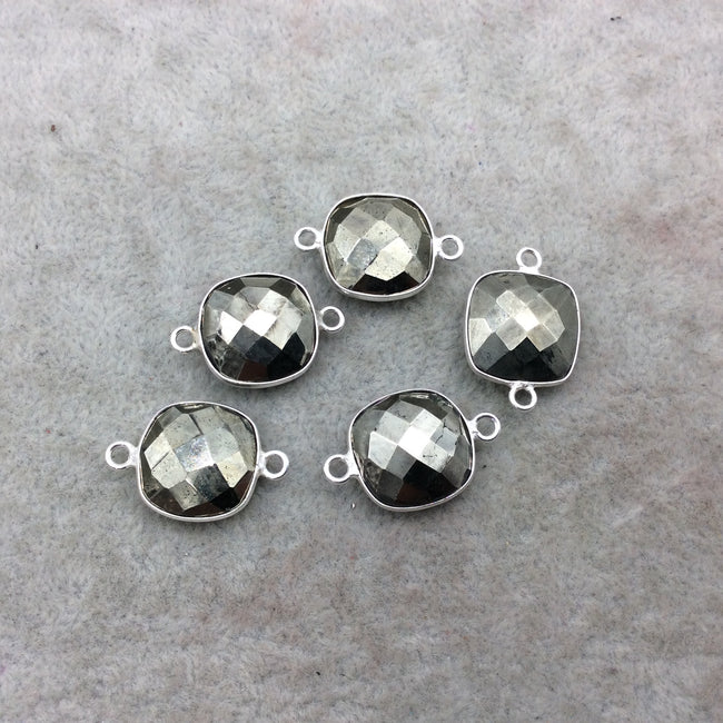 Sterling Silver Faceted Square Shaped Natural Pyrite Bezel Connector Component - Measuring 14mmx14mm - Sold Individually, Random