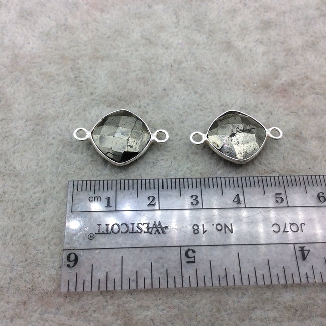 OOAK PAIR Sterling Silver Faceted Diamond Shape Natural Pyrite Bezel Connector Components - Measure 13mm x 13mm - Sold As a Set of Two