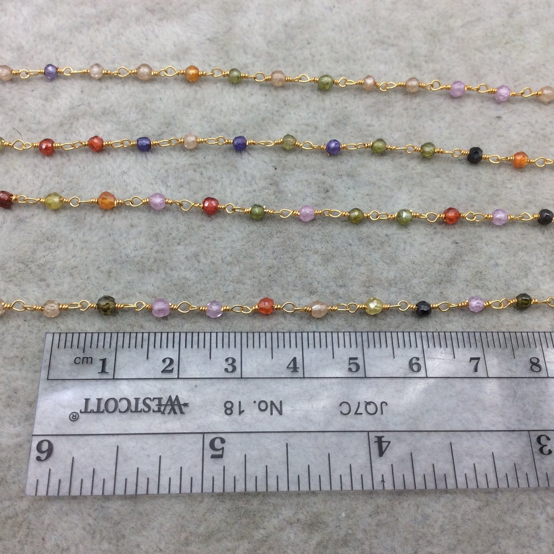 Gold Plated Copper Rosary Chain with 3mm Faceted Multicolor Cubic Zirconia Round/Ball Beads (CH076-GD) - Sold by 1' Cut Sections!