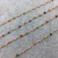 Gold Plated Copper Rosary Chain with 3mm Faceted Multicolor Cubic Zirconia Round/Ball Beads (CH076-GD) - Sold by 1' Cut Sections!