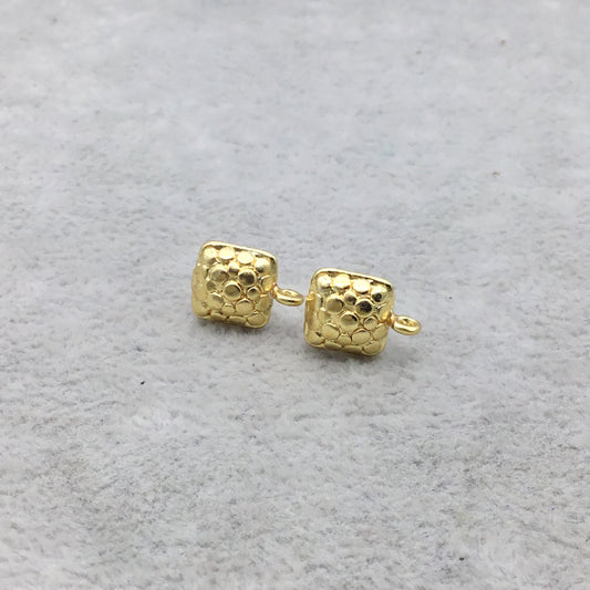 9mm 18k Gold Overlay Square Post Clip with Embossed Circle Design and Loop High Quality Earring Finding - 1 Pairs Per Pack (2 Pieces Total)