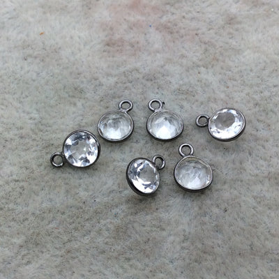 BULK PACK of Six (6) Gunmetal Sterling Silver Pointed/Cut Stone Faceted Round/Coin Shaped Clear Quartz Bezel Pendants - Measuring 6 x 6mm