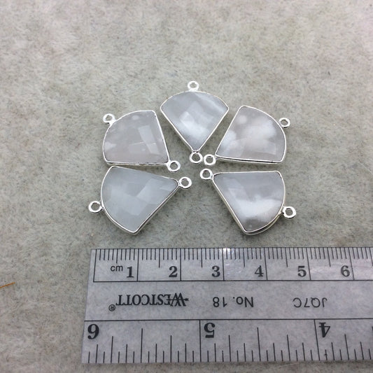 Silver Plated Natural White Beryl Faceted Fan Shaped Copper Bezel Connector - Measures 18mm x 18mm - Sold Individually, Random