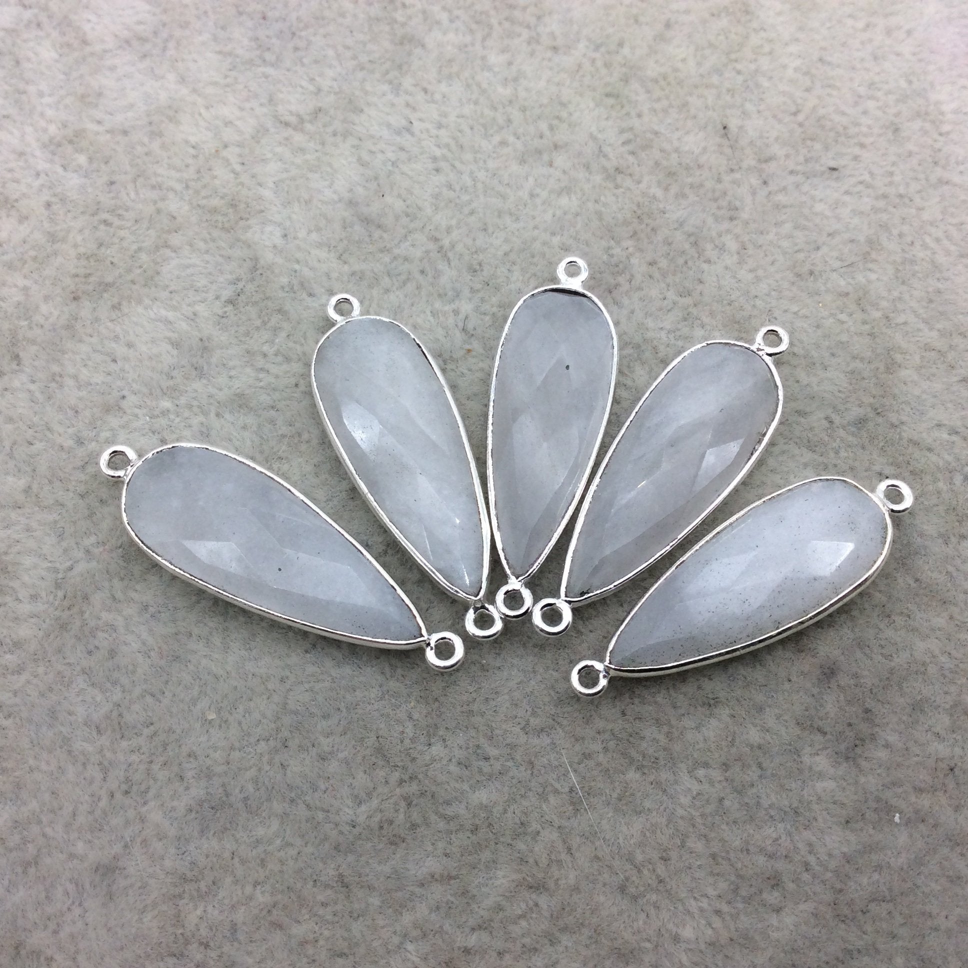 Silver Plated Natural White Beryl Faceted Long Teardrop Shaped Copper Bezel Connector - Measures 12mm x 30mm - Sold Individually, Random