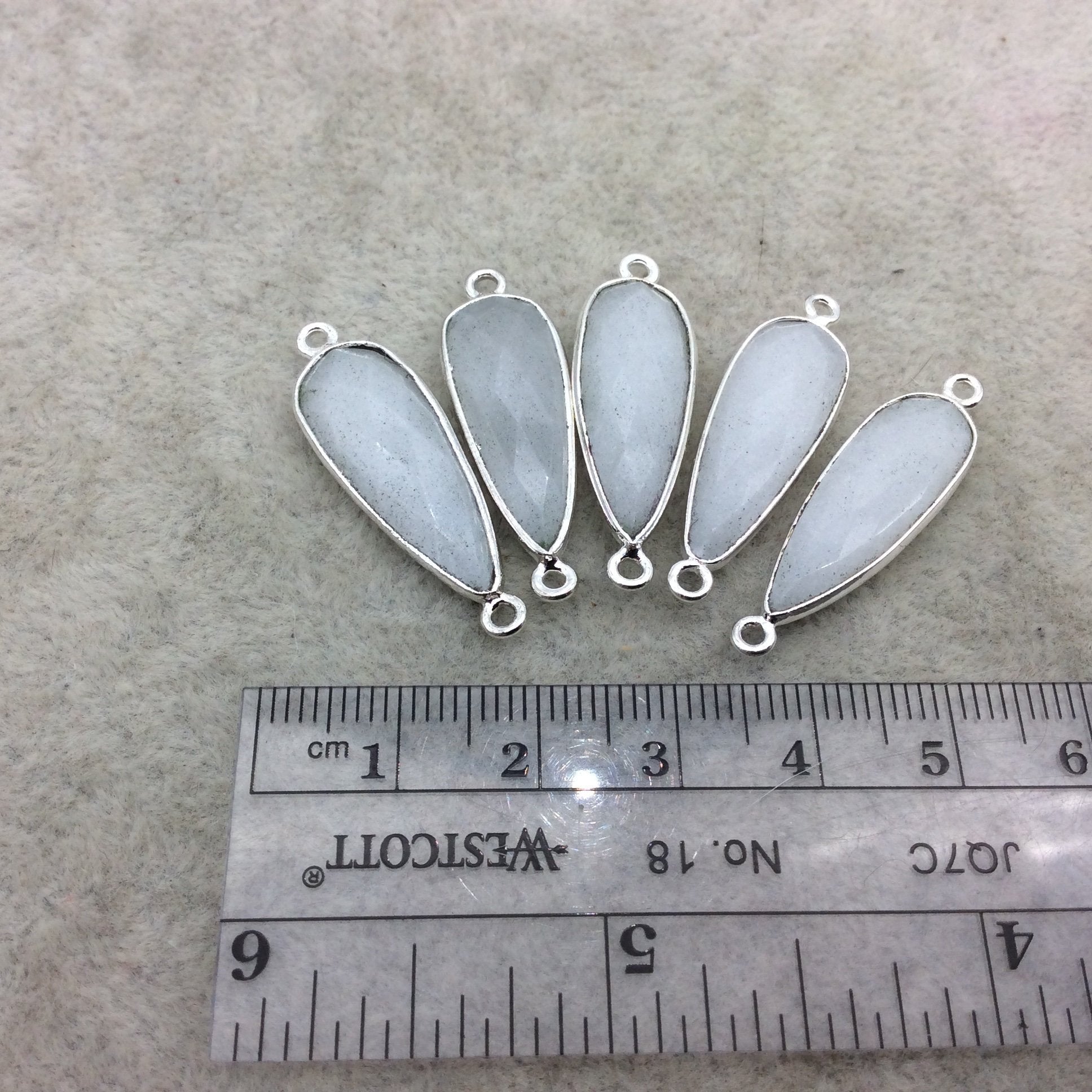 Silver Plated Natural White Beryl Faceted Long Teardrop Shaped Copper Bezel Connector - Measures 10mm x 25mm - Sold Individually, Random