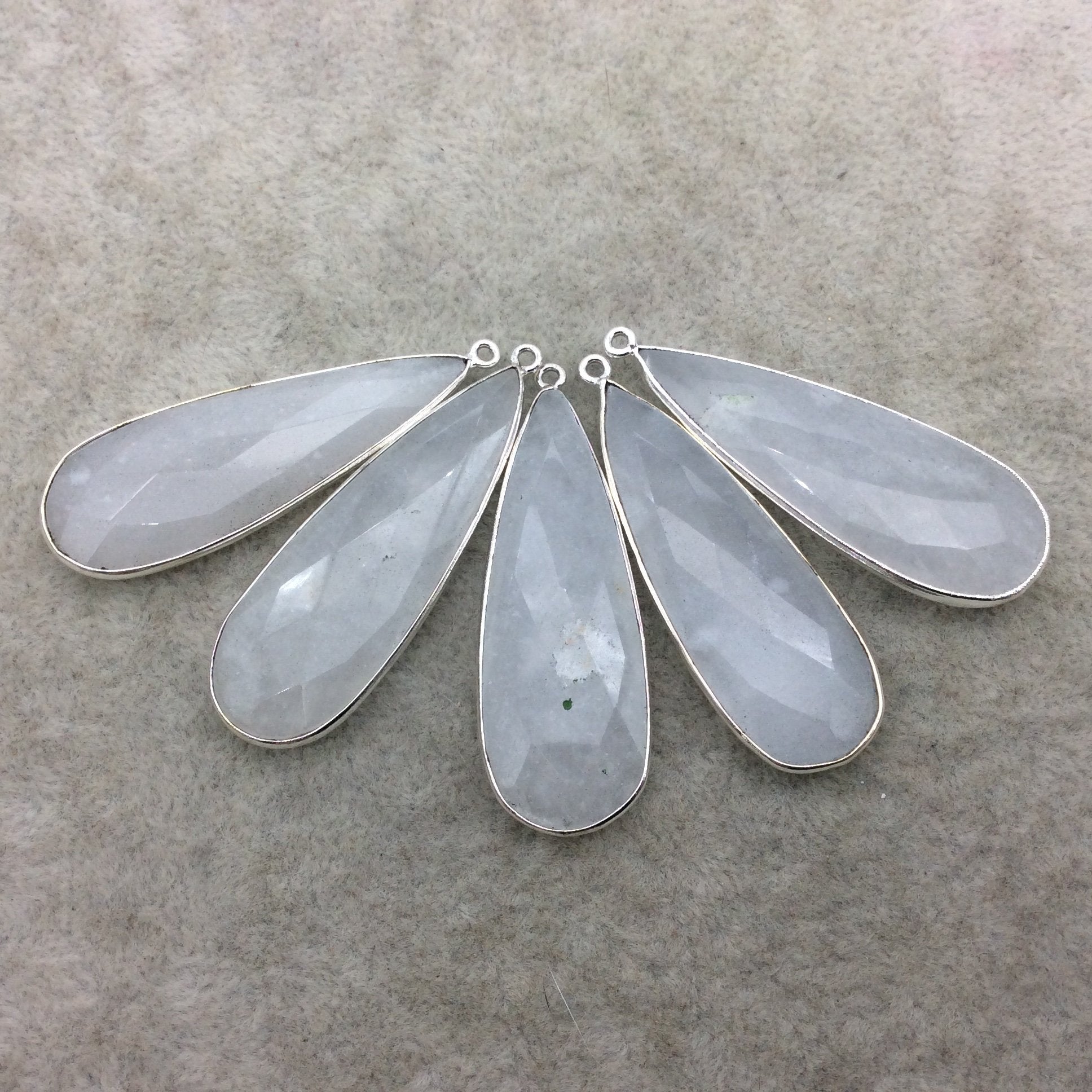 Silver Plated Natural White Beryl Faceted Long Teardrop Shaped Copper Bezel Pendant - Measures 15mm x 45mm - Sold Individually, Random