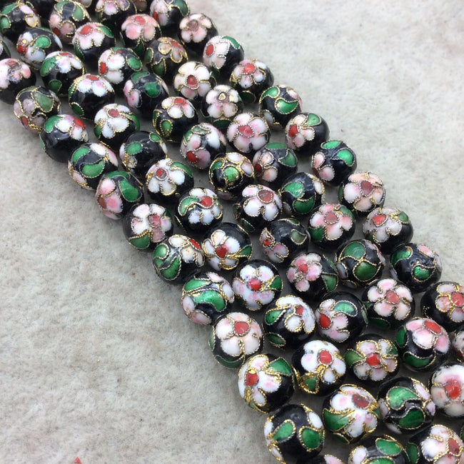 10mm Decorative Floral Black Puffed Round/Ball Shaped Metal/Enamel Cloisonné Beads - Sold by 15" Strands (~ 42 Beads Per Strand)