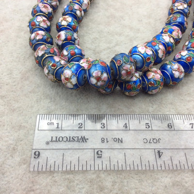 10mm x 12mm Decorative Floral Medium Blue Rondelle Shape Metal/Enamel Cloisonné Beads - Sold by 15" Strands (~ 35 Beads Per Strand)