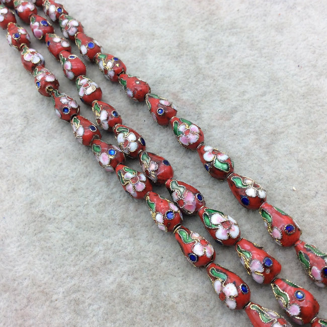 7mm x 13mm Decorative Floral Red Teardrop Shaped Metal/Enamel Cloisonné Beads - Sold by 15" Strands (~ 32 Beads Per Strand)