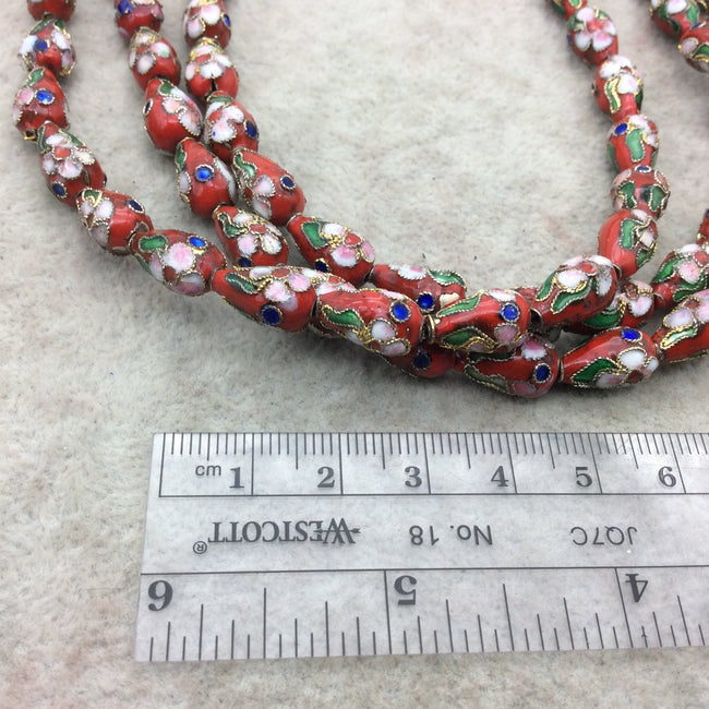 7mm x 13mm Decorative Floral Red Teardrop Shaped Metal/Enamel Cloisonné Beads - Sold by 15" Strands (~ 32 Beads Per Strand)