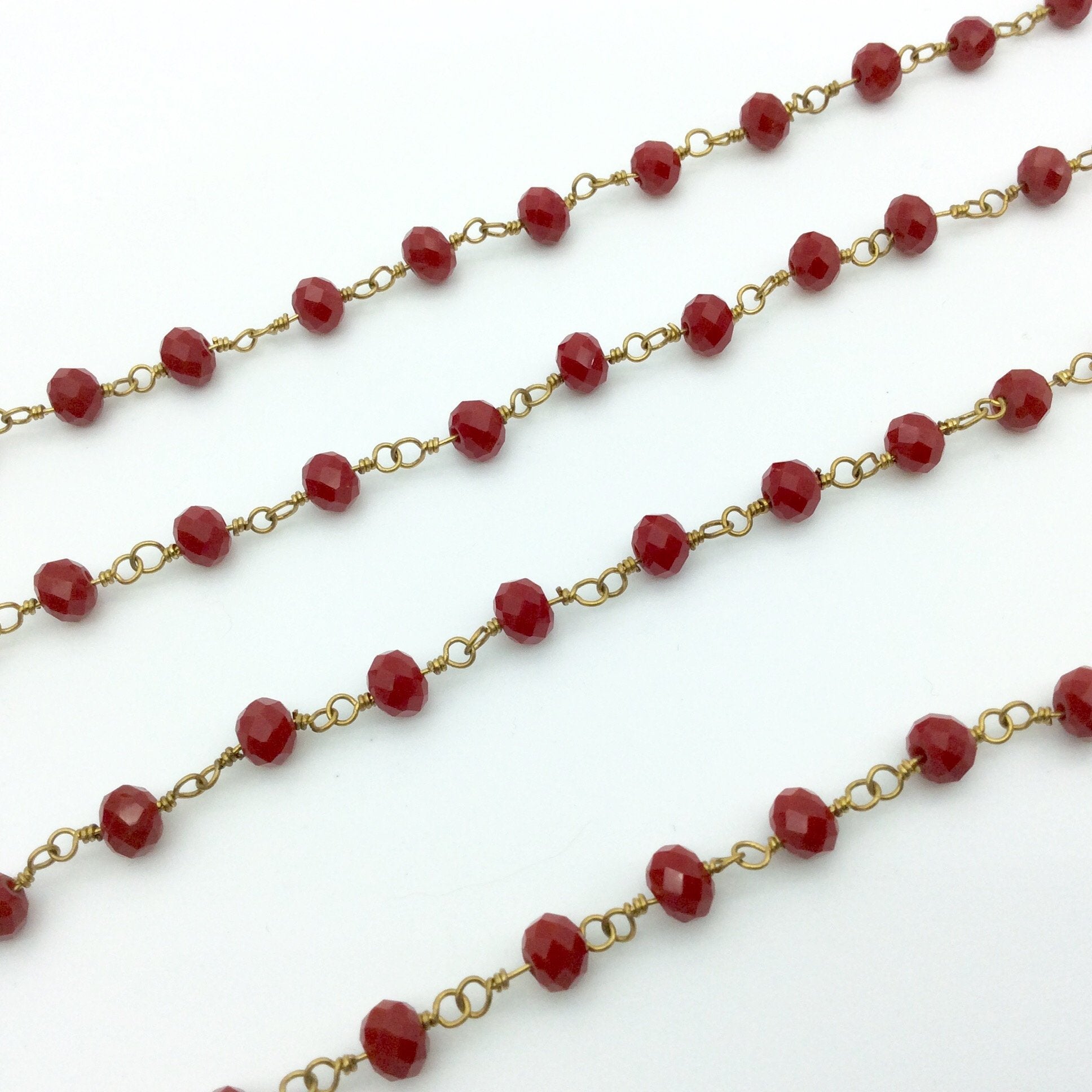 Sold By the FOOT - Gold Plated Copper Wrapped Rosary Chain with 6mm Faceted Lipstick Red Glass Crystal Rondelle Shaped Beads - Sold Per 1'