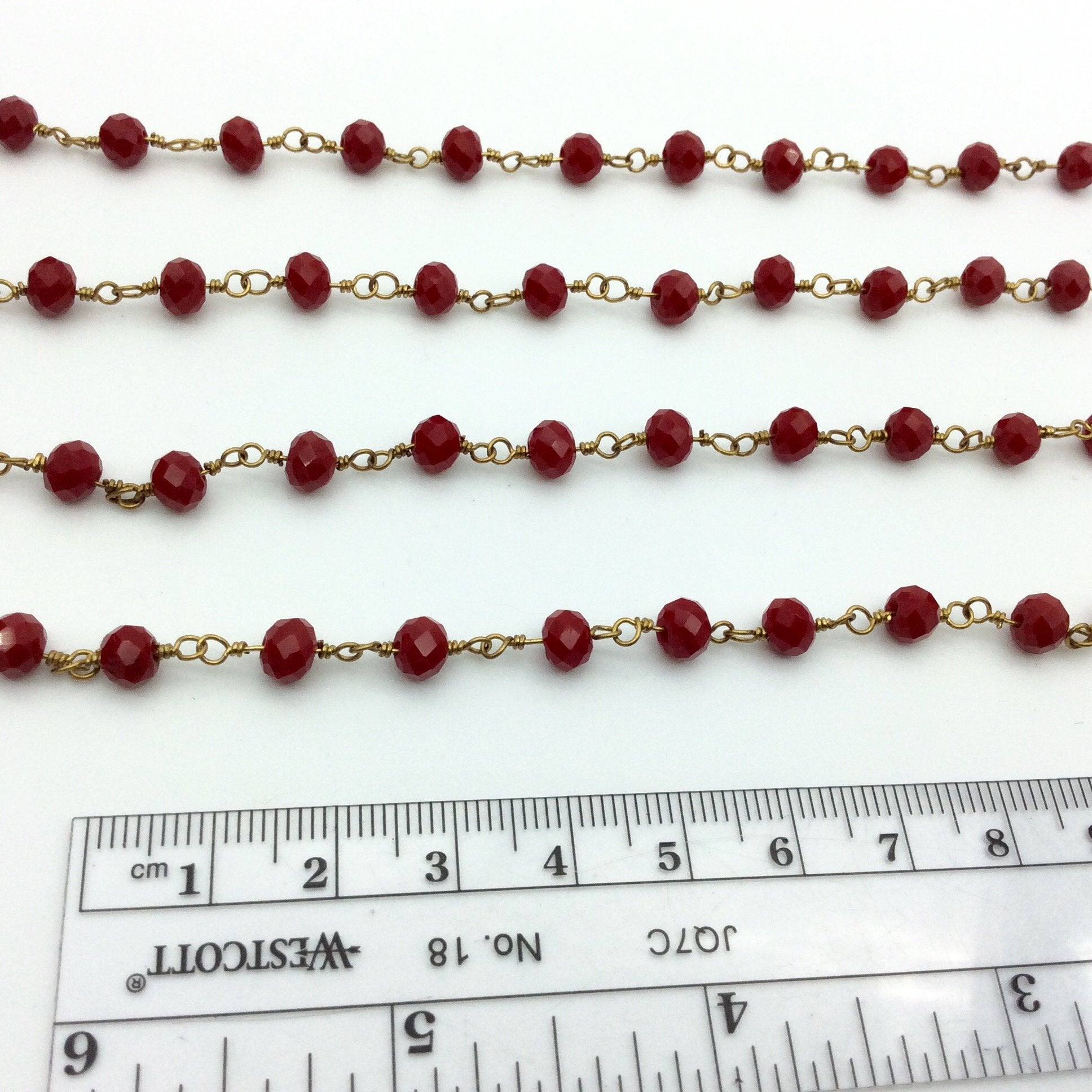 Sold By the FOOT - Gold Plated Copper Wrapped Rosary Chain with 6mm Faceted Lipstick Red Glass Crystal Rondelle Shaped Beads - Sold Per 1'
