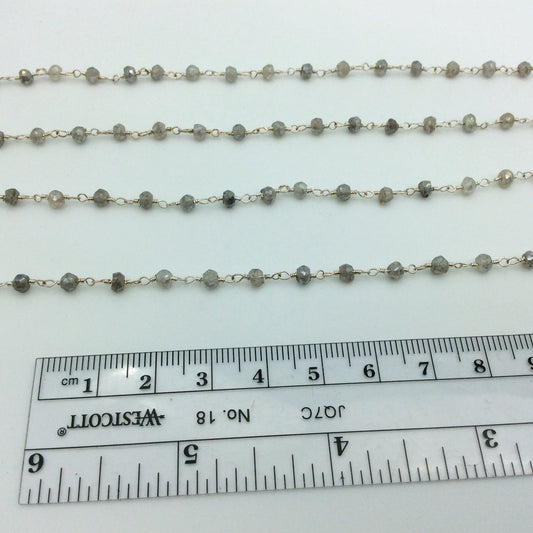 Silver Plated Copper Rosary Chain with 3-4mm Rondelle Shaped Mystic Coated Gray Labradorite Beads - Sold by the Foot! (CH148-SV)