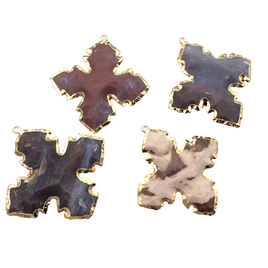 1.5-2" Gold Finish Scalloped Cross Shape Electroplated Mixed Jasper Pendant EJ004S - ~ 40mm-50mm Long - Sold Individually, Randomly Chosen