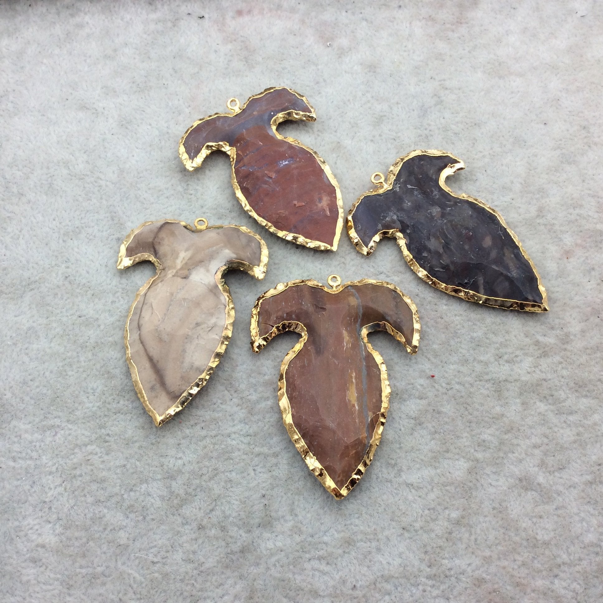 2-2.25" Gold Finish Upside Down Fleur de Lis Shape Electroplated Mixed Jasper Pendant EJ008M - ~ 50mm-60mm Long - Sold Per Each, At Random