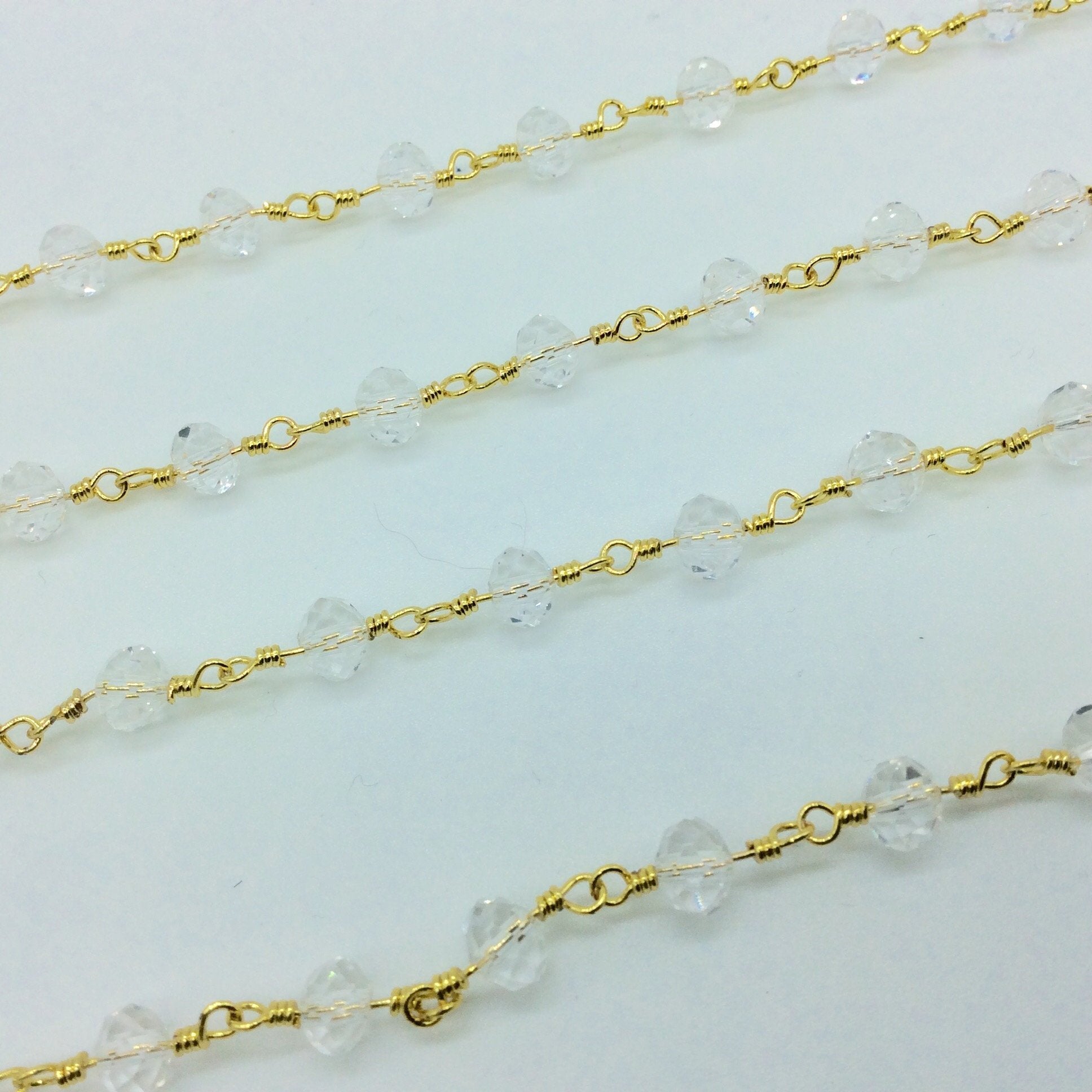 Gold Plated Copper Wrapped Rosary Chain with 4mm x 6mm Faceted Transparent Clear Glass Crystal Rondelle Beads-Sold By the Foot (CC46-001-GD)