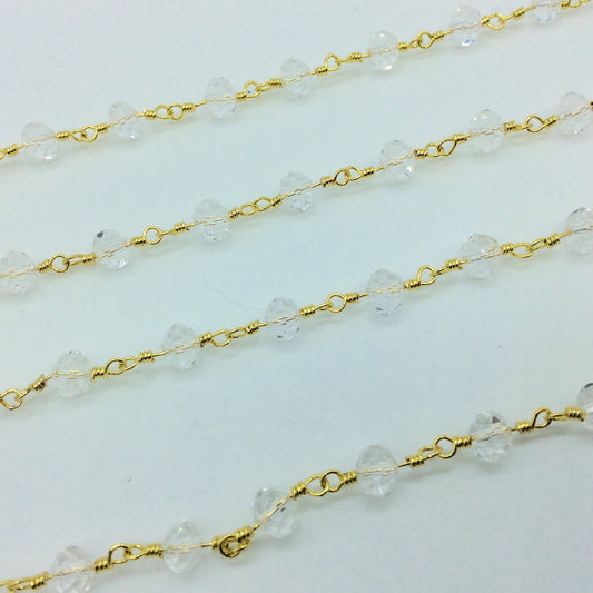 Gold Plated Copper Wrapped Rosary Chain with 4mm x 6mm Faceted Transparent Clear Glass Crystal Rondelle Beads-Sold By the Foot (CC46-001-GD)