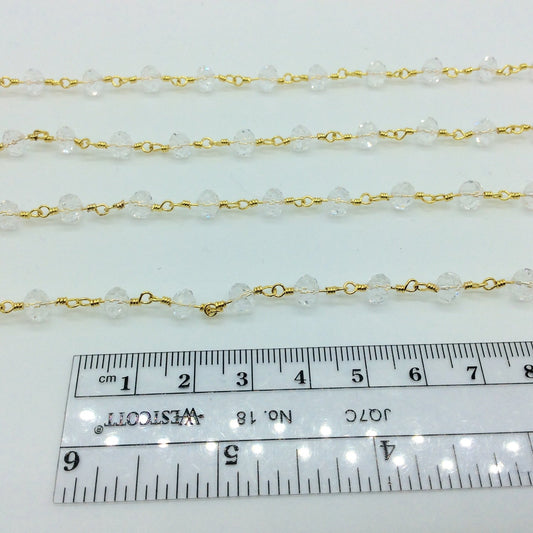 Gold Plated Copper Wrapped Rosary Chain with 4mm x 6mm Faceted Transparent Clear Glass Crystal Rondelle Beads-Sold By the Foot (CC46-001-GD)