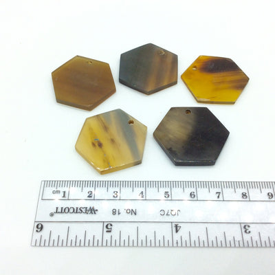 1.25" Semi-Transparent Black/Brown/Tan Hexagon Shaped Lightweight Natural Horn Pendant Component with 2mm Hole - Measuring 30mm x 30mm