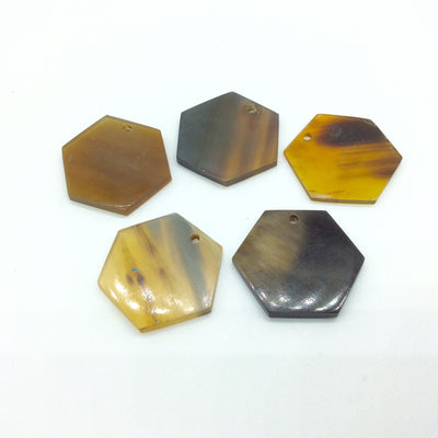 1.25" Semi-Transparent Black/Brown/Tan Hexagon Shaped Lightweight Natural Horn Pendant Component with 2mm Hole - Measuring 30mm x 30mm