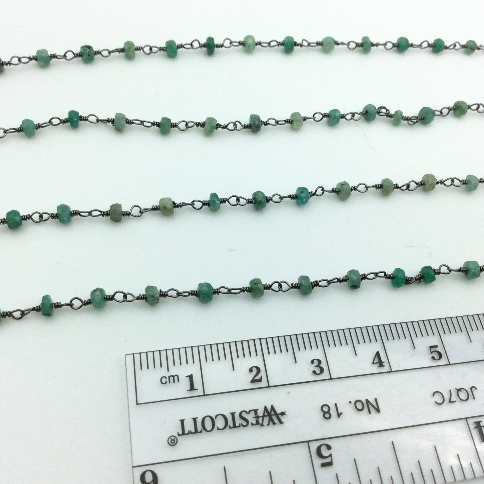 Gunmetal Plated Copper Wrapped Rosary Chain with 3mm Faceted Natural Emerald Green Onyx Rondelle Beads (CH094-GM)- Sold by 1' Cut Sections!